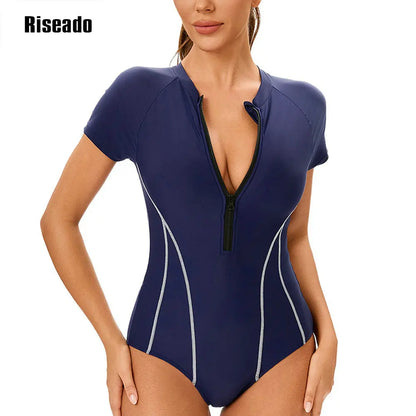 Riseado One-pieces Swimsuits Women Beachwear Short Sleeve Navy Sports Swimwear for Summer Surfing Swimming