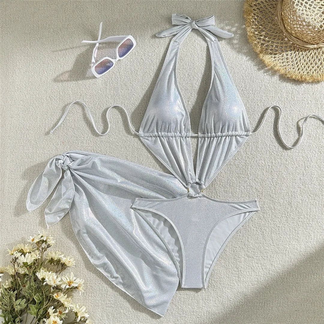 With Sarong Glitter Sparkling Depp V Neck One Piece Swimsuit Women Swimwear Female Cut Out Halter Bather Bathing Suit Swim