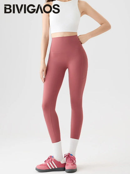 BIVIGAOS Spring Autumn Double Side Pocket Sharkskin Leggings Women Tight Elastic High Waist Sports Fitness Running Leggings