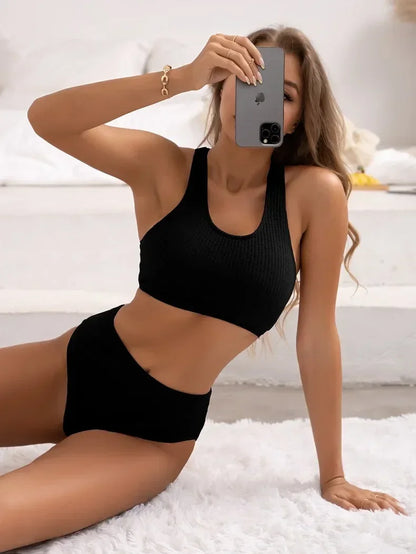 Bikini High Waist Women Swimsuit Solid Ribbed Swimwear Push Up Bikinis Set Summer Beachwear Bathing Suit Female