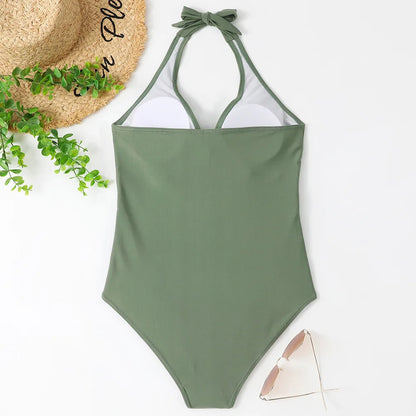 S - XXL Wrinkled Halter V Neck One Piece Swimsuit Women Swimwear Female Monokini Backless Bathing Suit Swim Beachwear Bodysuit