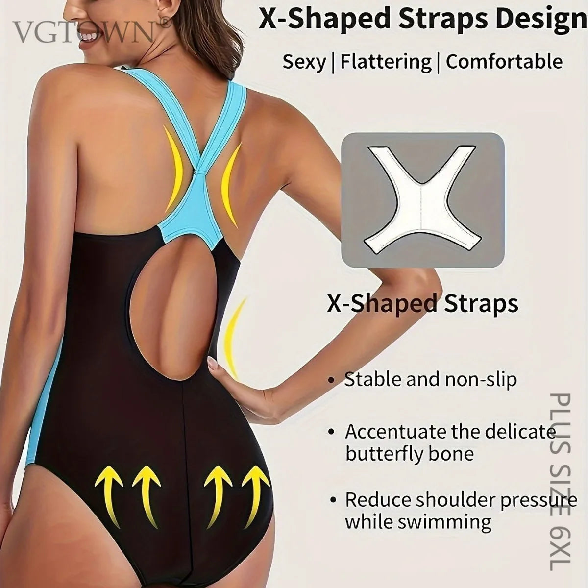 Plus Size 6XL Women One-Piece Sports Swimwear Patchwork Racerback Swimsuit Wide Straps Surfing Bathing Suit