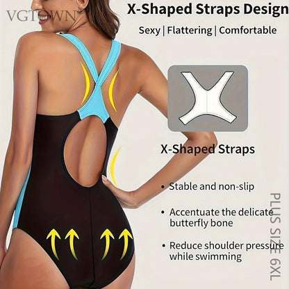 Plus Size 6XL Women One-Piece Sports Swimwear Patchwork Racerback Swimsuit Wide Straps Surfing Bathing Suit