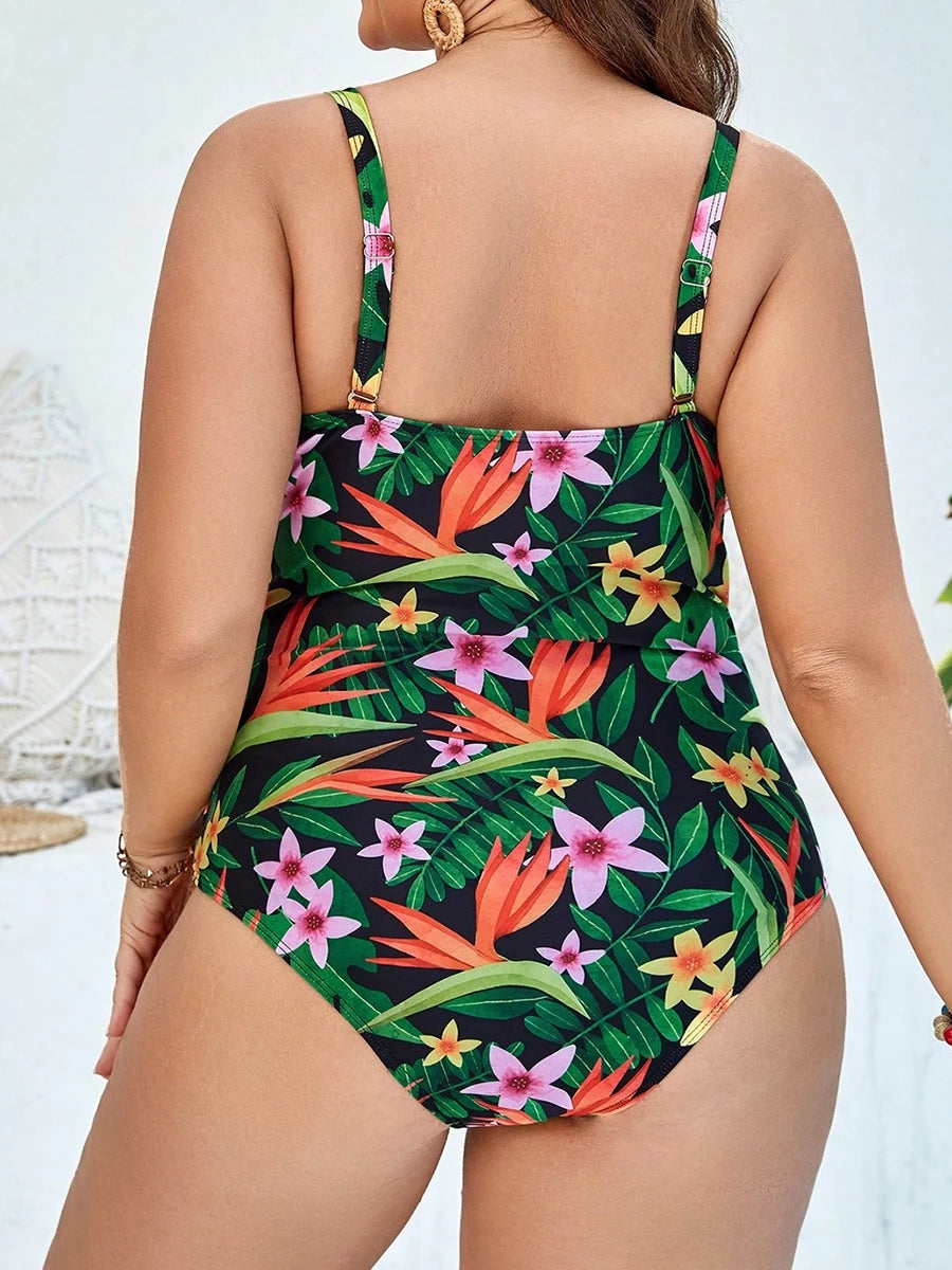 Large Plus Size One Piece Swimsuit Women Strappy Print Push Up Swimwear Female Bathers Bathing Swimming Swim Suit Beachwear