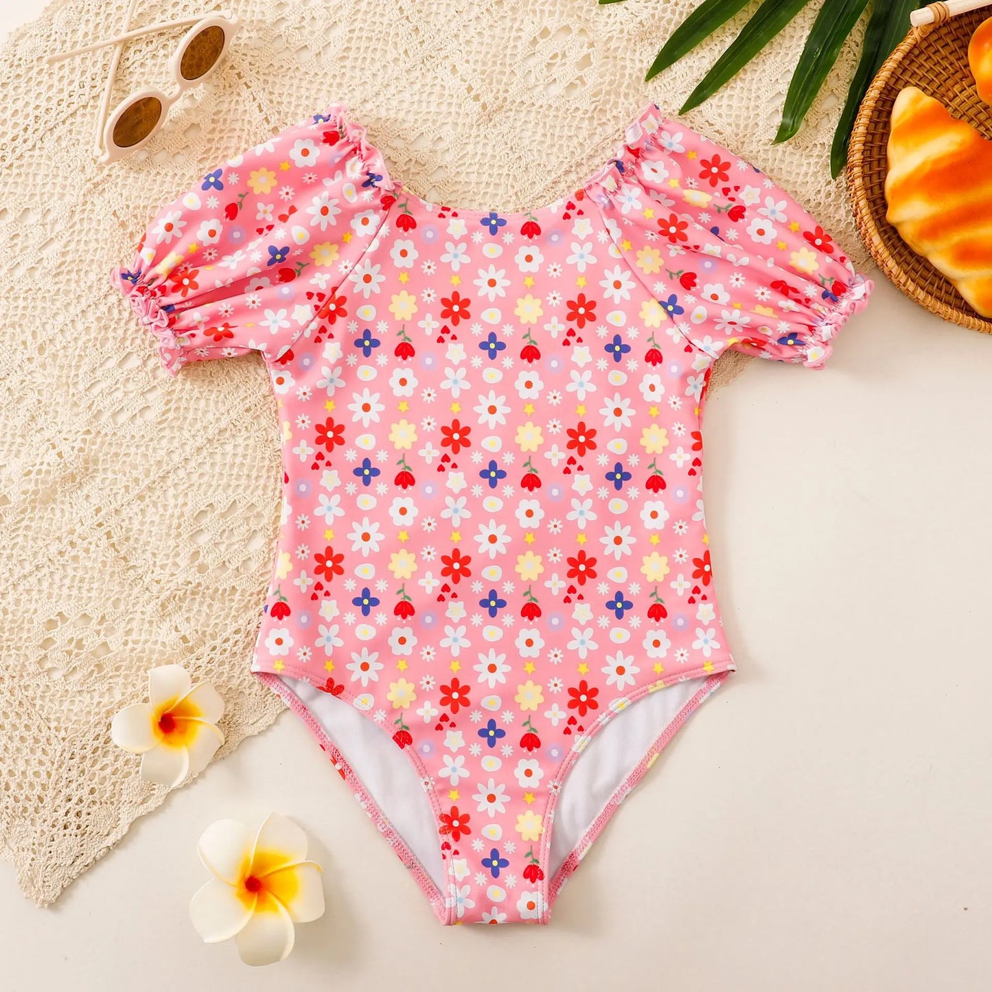 Floral Girls One Piece Swimsuit 7-12 Year Kids Swim Suit Short Sleeve Children's Swimwear Beach Wear Bathing Suits