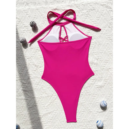 S - XL 7 Colors Lace Up High Neck Full Back Women Swimwear One Piece Swimsuit Female High Leg Cut Bather Bathing Suit Swim