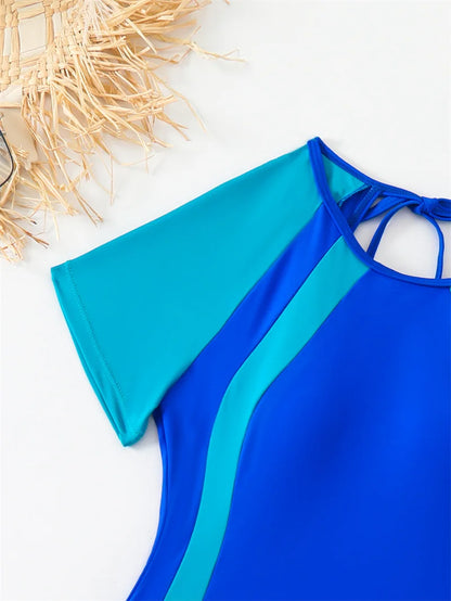 Patchwork Short Sleeve One Piece Swimsuit Swimwear for Women Hollow Out Bathing Suit Backless Monokini