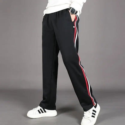 Red White Stripes Casual Sports Pants Solid Elastic Waist Pockets Durable Breathable Straight Trousers