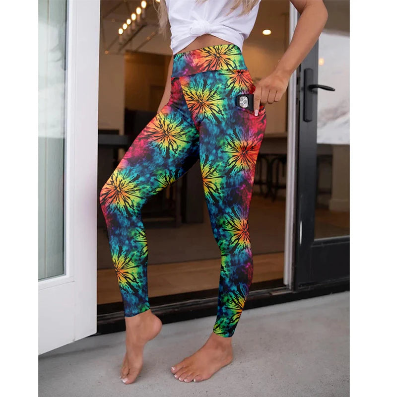 High Waist Women's Fitness Leggings 3D Digital Print Sexy Pocket Elastic Pants Fashionable Gym Trousers