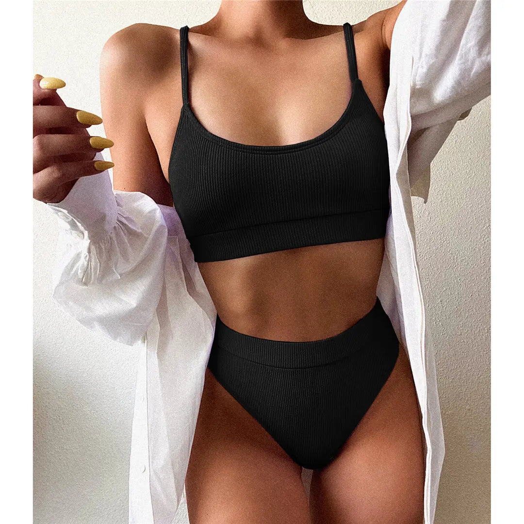 Colourful Ribbed Female Swimsuit High Waist Bikini Women Swimwear Two-piece Bikini set Bather Bathing Suit Swim Lady