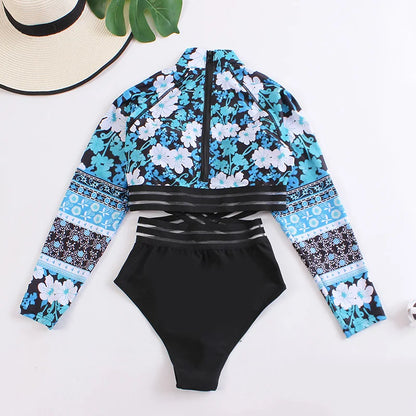 Long Sleeve Swimwear One Piece Cover Up Swimsuits Print Floral Bodysuit Hollow Out Bikinis Beach Bathing Bikini Set Beachwear