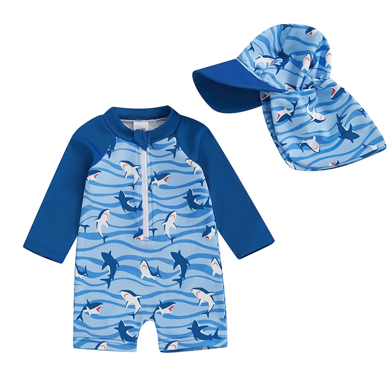 Toddler Boys Rash Guard Swimsuit Coconut Tree Print Long Sleeve Zip Bathing Suit with Swim Cap