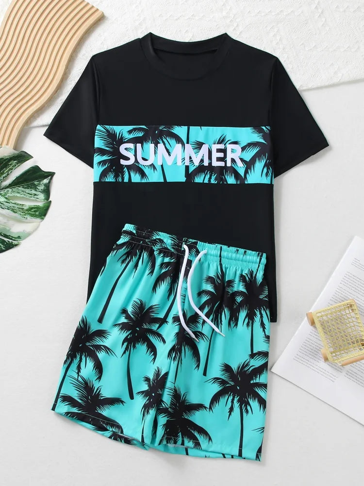 Boy Kids Swimsuit Leaves Print Short Sleeve Children Swimwear Summer Two Piece Beach Wear Shorts Bathing Suit Swimming