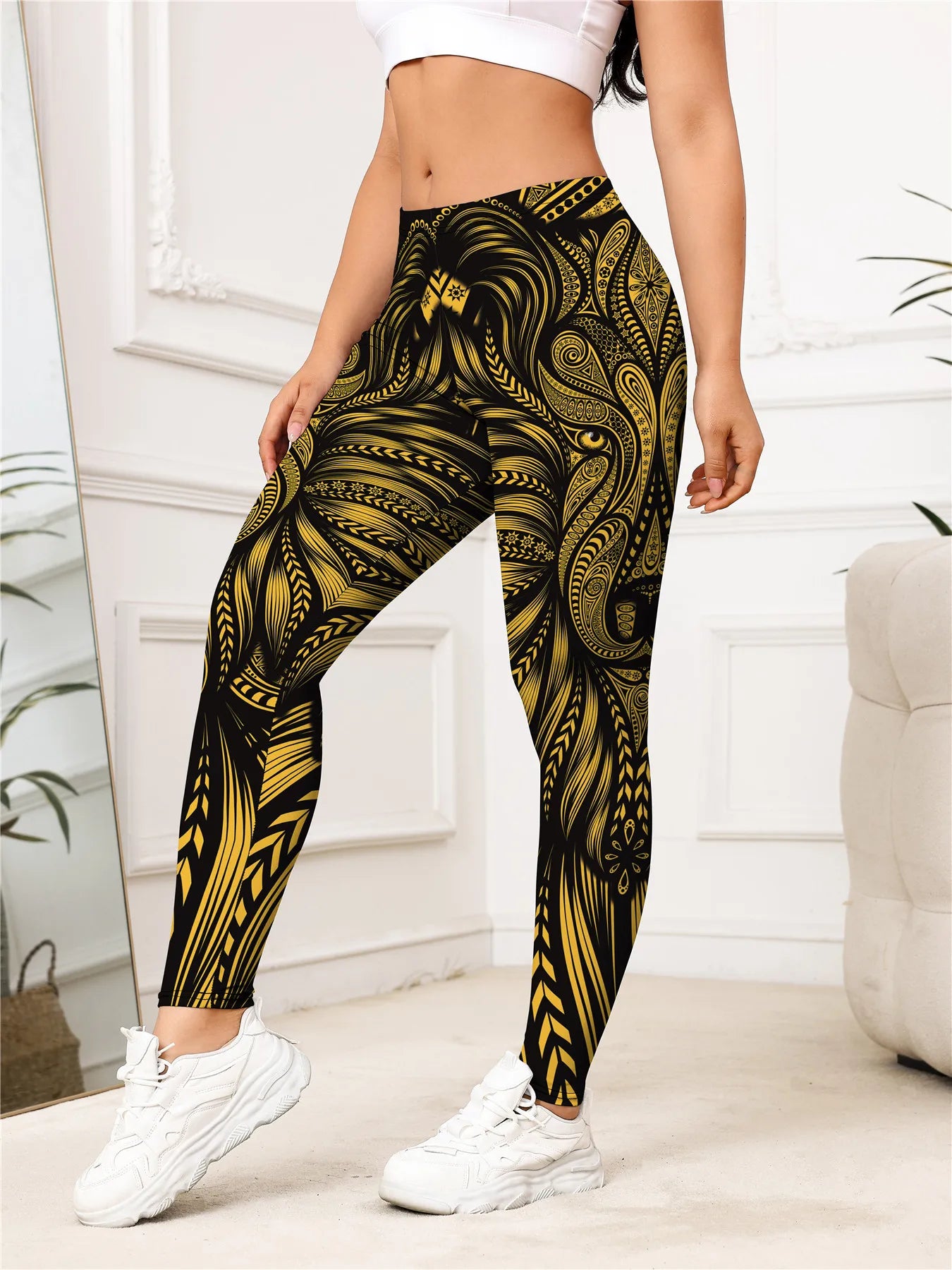 Women's Gold Lion Print High Waist Leggings – Buttery Soft Stretchy Yoga Pants for Workout, Running, and Casual Wear