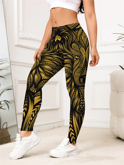 Women's Gold Lion Print High Waist Leggings – Buttery Soft Stretchy Yoga Pants for Workout, Running, and Casual Wear