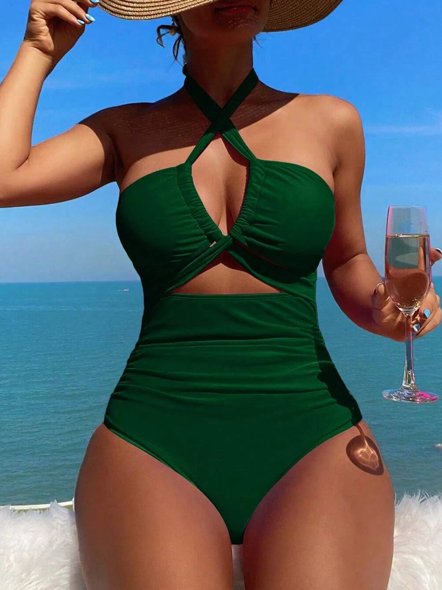 Solid Swimsuit Women One Piece Halter Swimwear Female Bathers Bathing Swimming Swim Suit Summer Beachwear