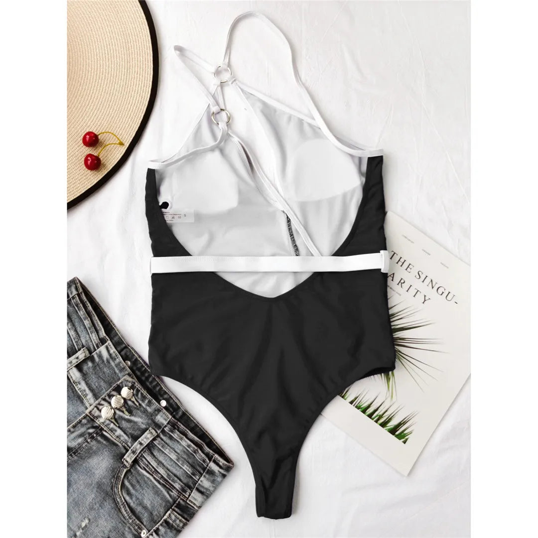 Splicing Asymmetric Backless Monokini Women Swimwear One Piece Swimsuit Female One Shoulder Bather Bathing Suit Swim