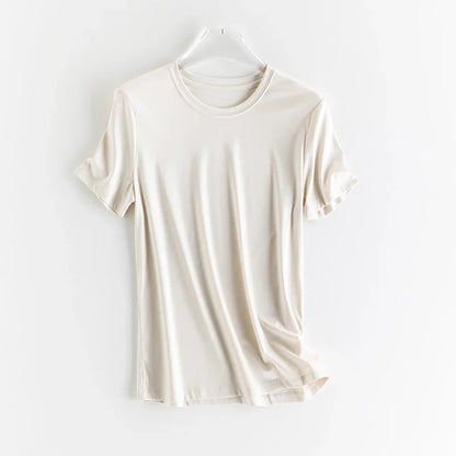 10% Silk & Mercerized Cotton Women T-shirt Luxury Tee Short Sleeve Silky Feeling Summer Wear Tops V / O-neck