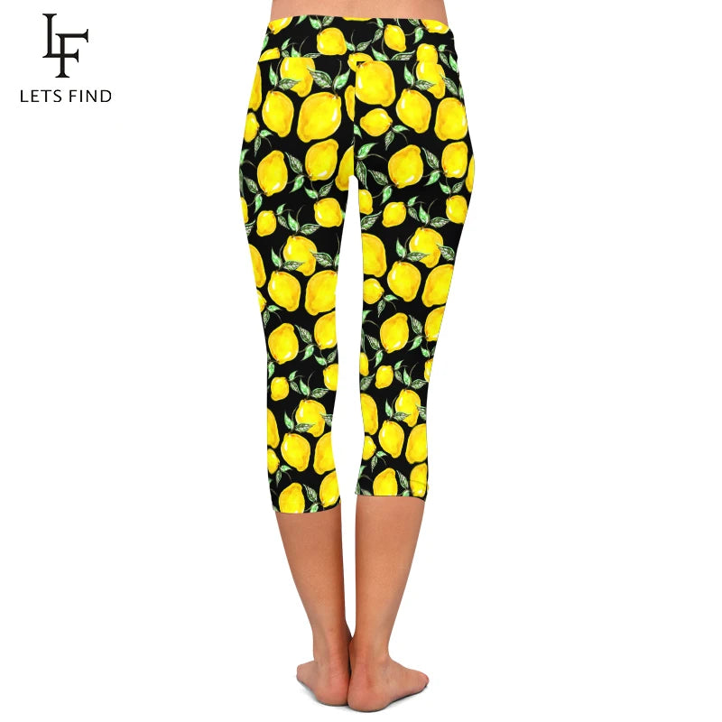 3d Lemon Digital Printed Capri Leggings High Waist High Elastic Mid-Calf 3/4   Women Black Leggings