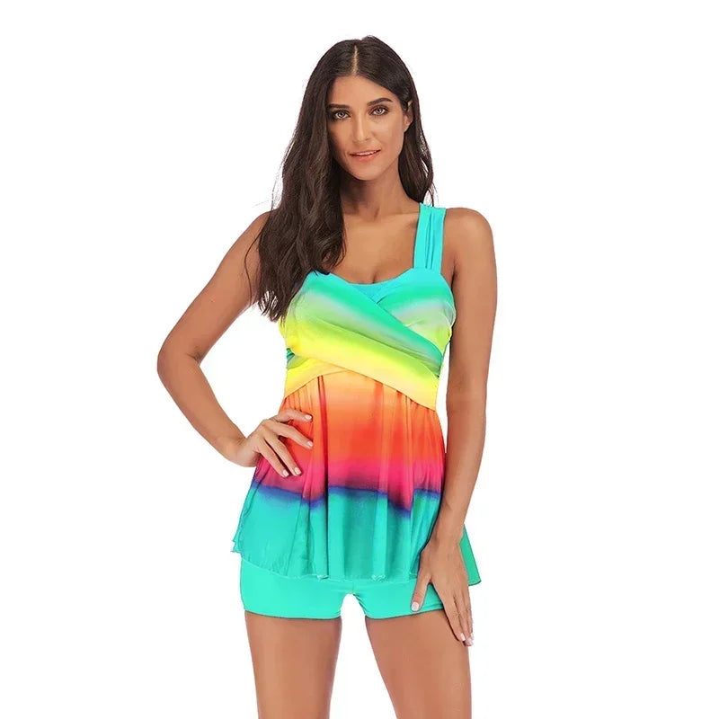 Skirt style swimsuit gradient rainbow print Suits Swimwear Swimsuit Women Summer Tankini Sets Swimming Bathing Suit