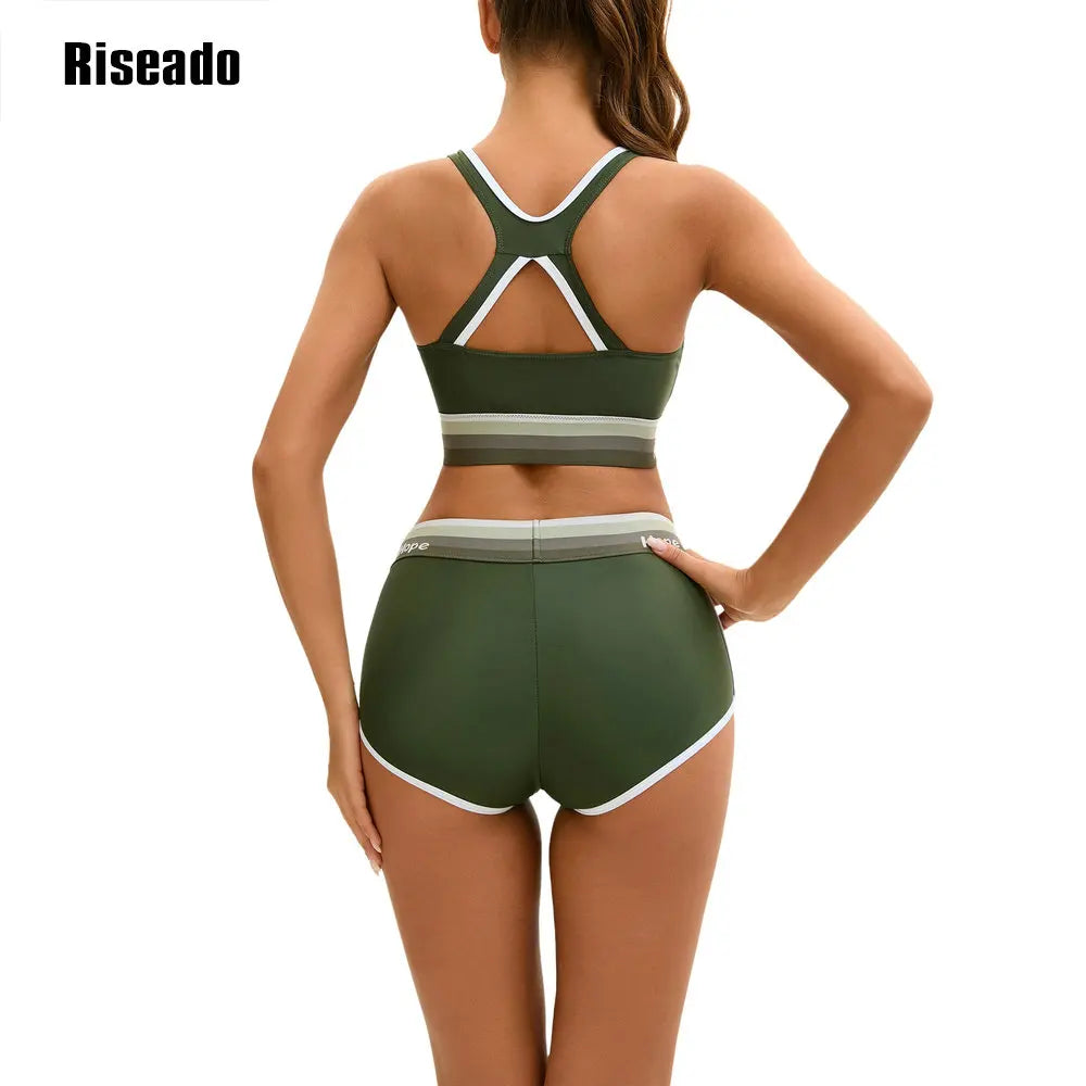 Women Color Block Athletic Two Piece Bathing Suits Sports Mid Waisted Swimsuits Girls Crop Top Tankini Sets