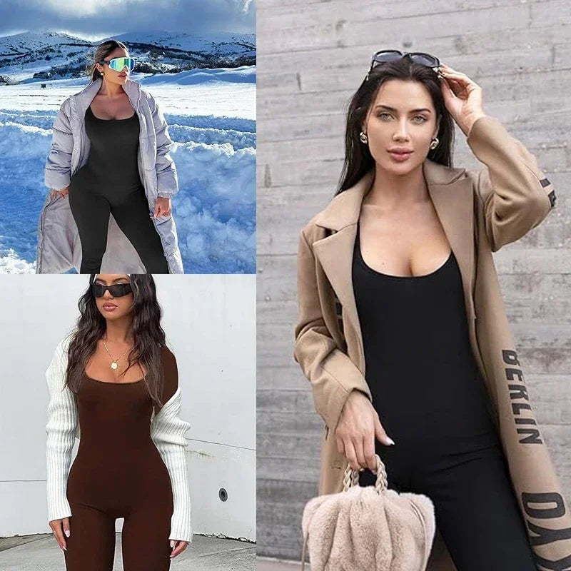 Women's Square-Neck Long-Sleeve Open-Back Workout Jumpsuit