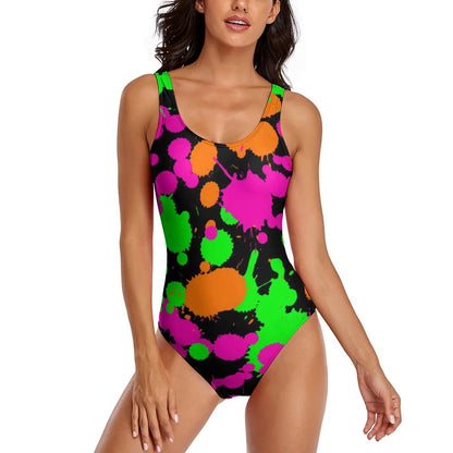Neon Paint Swimsuit Graffiti Splatter Print One-Piece Swimwear Push Up Bodysuit Elegant Holiday Rave Beach Wear