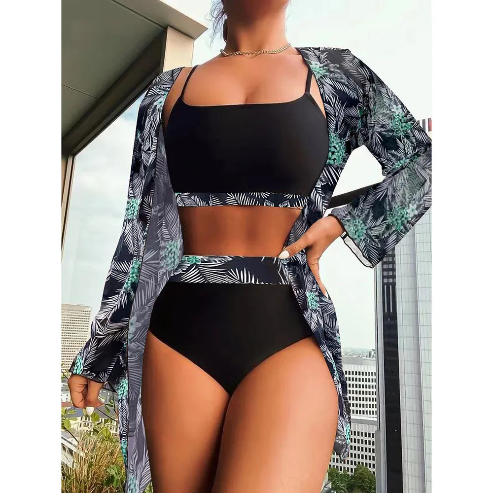 Three Pieces Bikini Set Cover Up Swimwear High Waisted Bikini Set Women's Swimwear Print  For Female Bath Suit Tropical