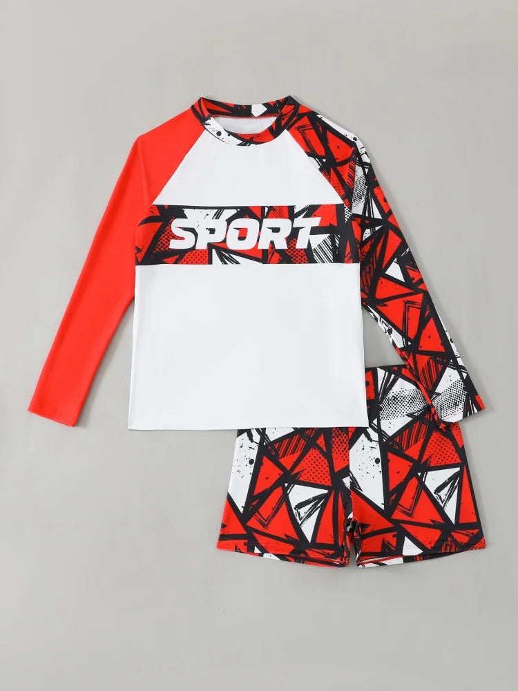 Boy Kids Swimsuit Red Print Long Sleeves Children Swimwear Summer Two Piece Shorts Beachwear Bathing Suit For Swimming