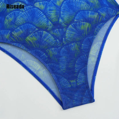 Women's Mesh Beach Suit Printed High Waist Surfing One Piece Suit with Long Sleeves Large Size