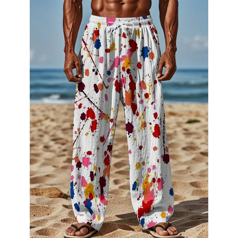 Men's Casual Loose-Fit Straight Pants Relaxed Fit Adult Fashion Pants With Drawstring Full-Print Pattern