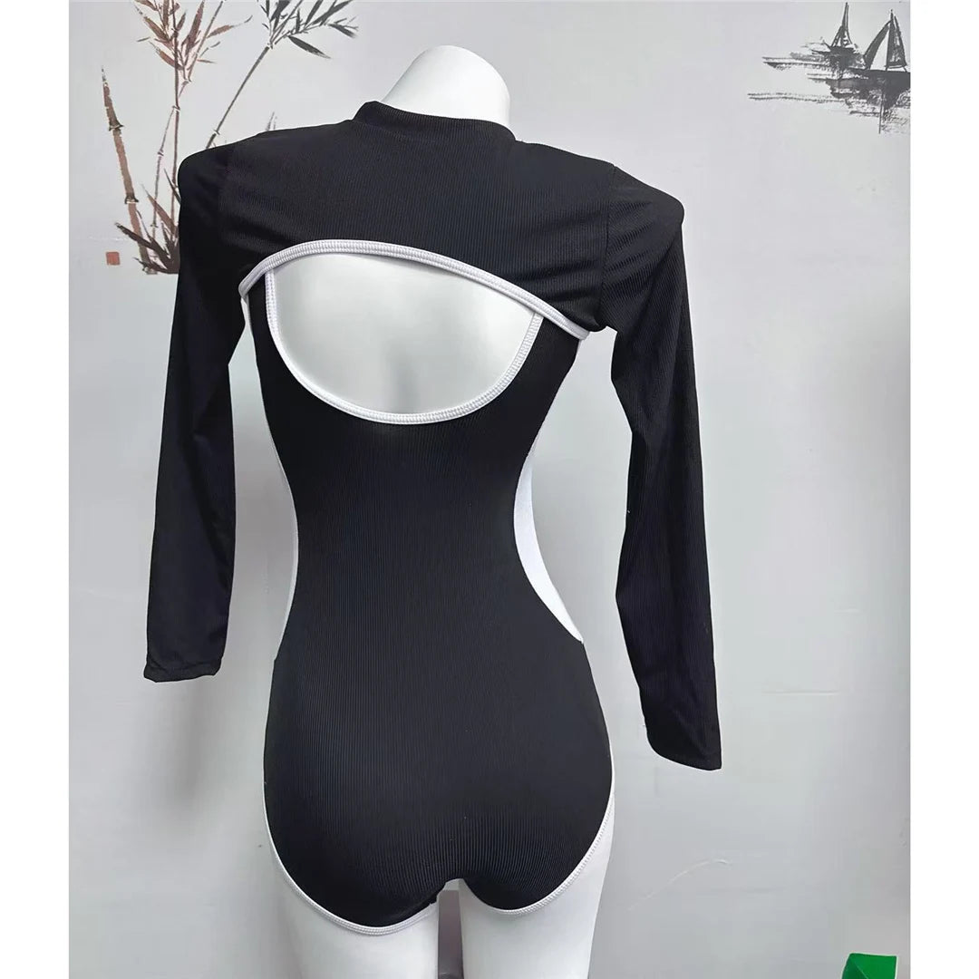 Long Sleeve Cover Up Splicing One Piece Swimsuit Women Swimwear Female Ribbed Backless Bather Bathing Suit Swim