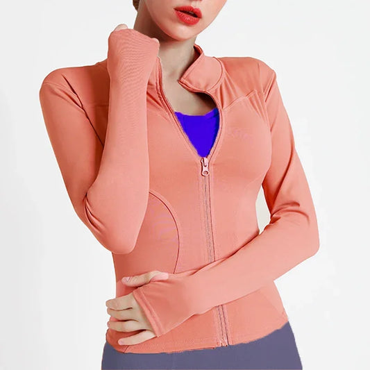 Slim Fit Lightweight Jackets With Thumb Holes Women's Full Zip-up Yoga Sports Running Jacket  For Workout