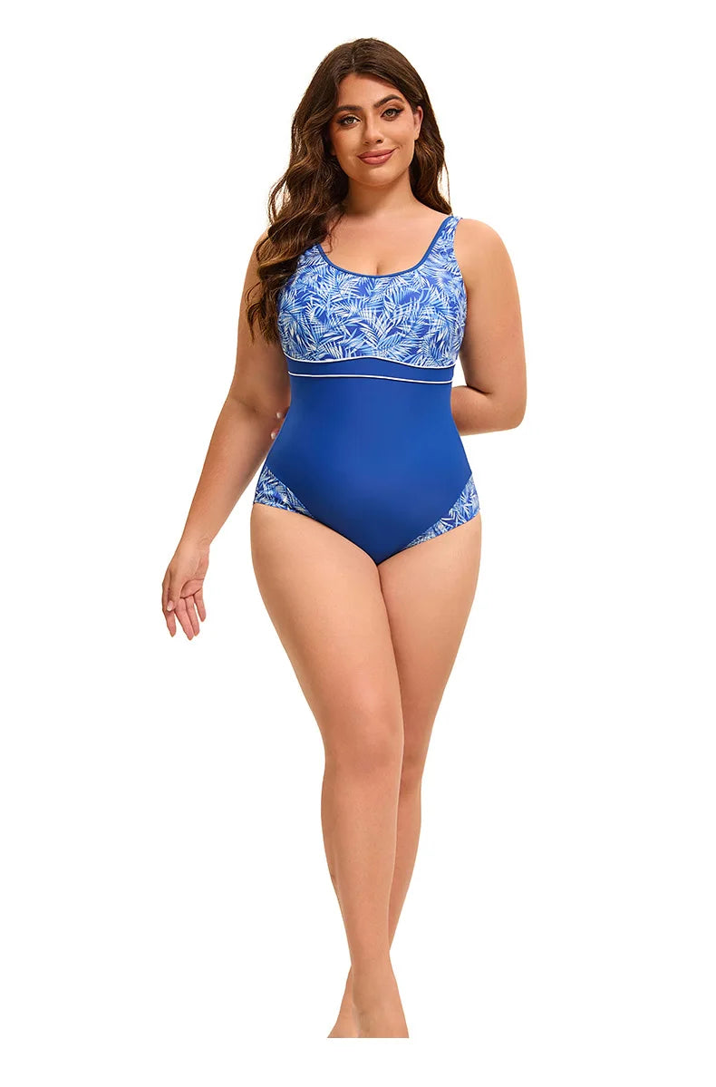 Women's Sports One Piece Swimsuit Racerback Black Sports Swimwear Leaf Printed Bathing Suit Plus Size Women Swimwear
