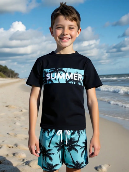 Boy Kids Swimsuit Leaves Print Short Sleeve Children Swimwear Summer Two Piece Beach Wear Shorts Bathing Suit Swimming