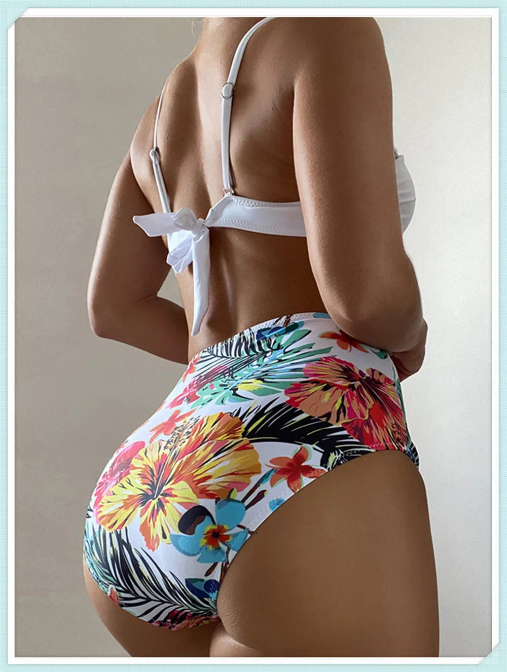 Solid Bandeau Bikini Set Women Tropical Printed Swimwear Female Push Up Swimsuit High Waist Bathing Suit Tie Back Beachwear