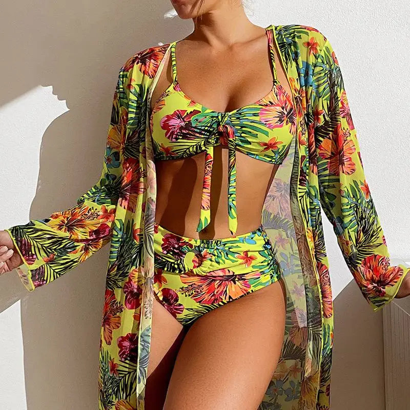Split Three Piece Floral Printed Swimsuit Women Bikini Set Wireless Bra with Pad Sport Top Long sleeve Blouse Swimwear