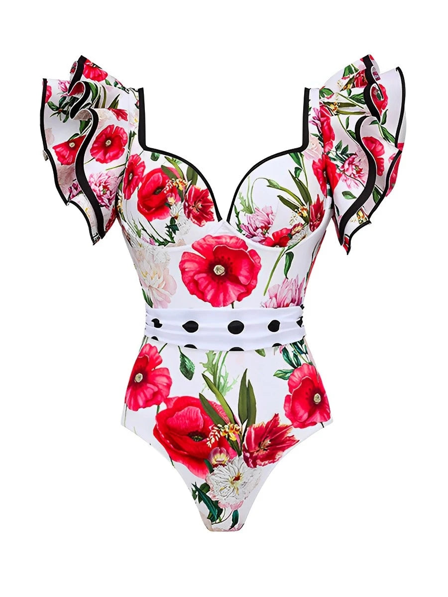 Push Up Floral Frill Shoulder Swimsuit Women One Piece Swimwear Female Beachwear Bathers Bathing Swimming Swim Suit