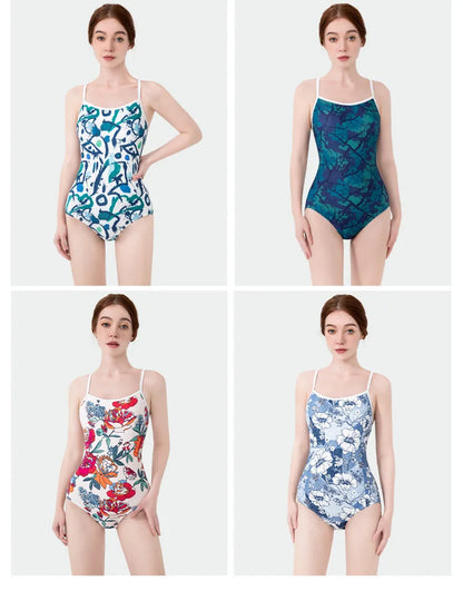 Women Vintage Racing One-piece Swimwear Sun Protection Professional Competition Flower Printed Swimsuit Training Bikini