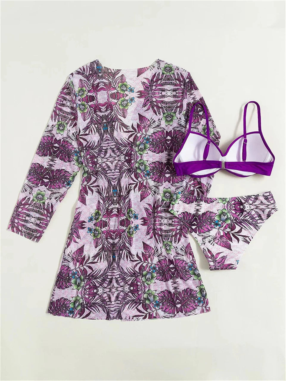 3 Pieces High Waist Bikini With Long Sleeve Kimono Swimsuit Women Print Swimwear Female Bathing Swimming Beach Suit Summer