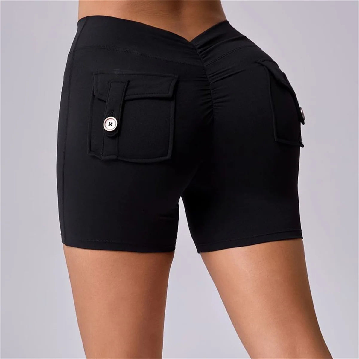Deep V Back Yoga Shorts Women Pocket Scrunched Butt Gym Leggings High Waist Push Up Tights Booty Sports Shorts Fitness