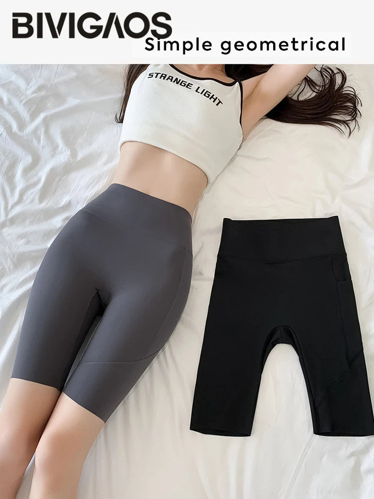 Side Pocket Biker Sharkskin Shorts Leggings Women Summer High Waist Thin Slim Skinny Yoga Running Sport Cycling Shorts