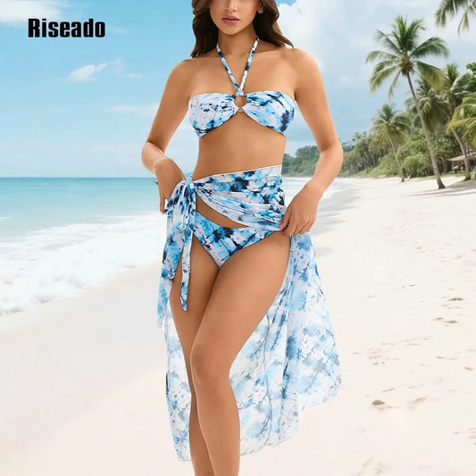 Women's Halter Neck Cut Out 3 Pieces Swimwear with Mesh Maxi Skirt Tie-dye Mesh Sheer Cover Ups