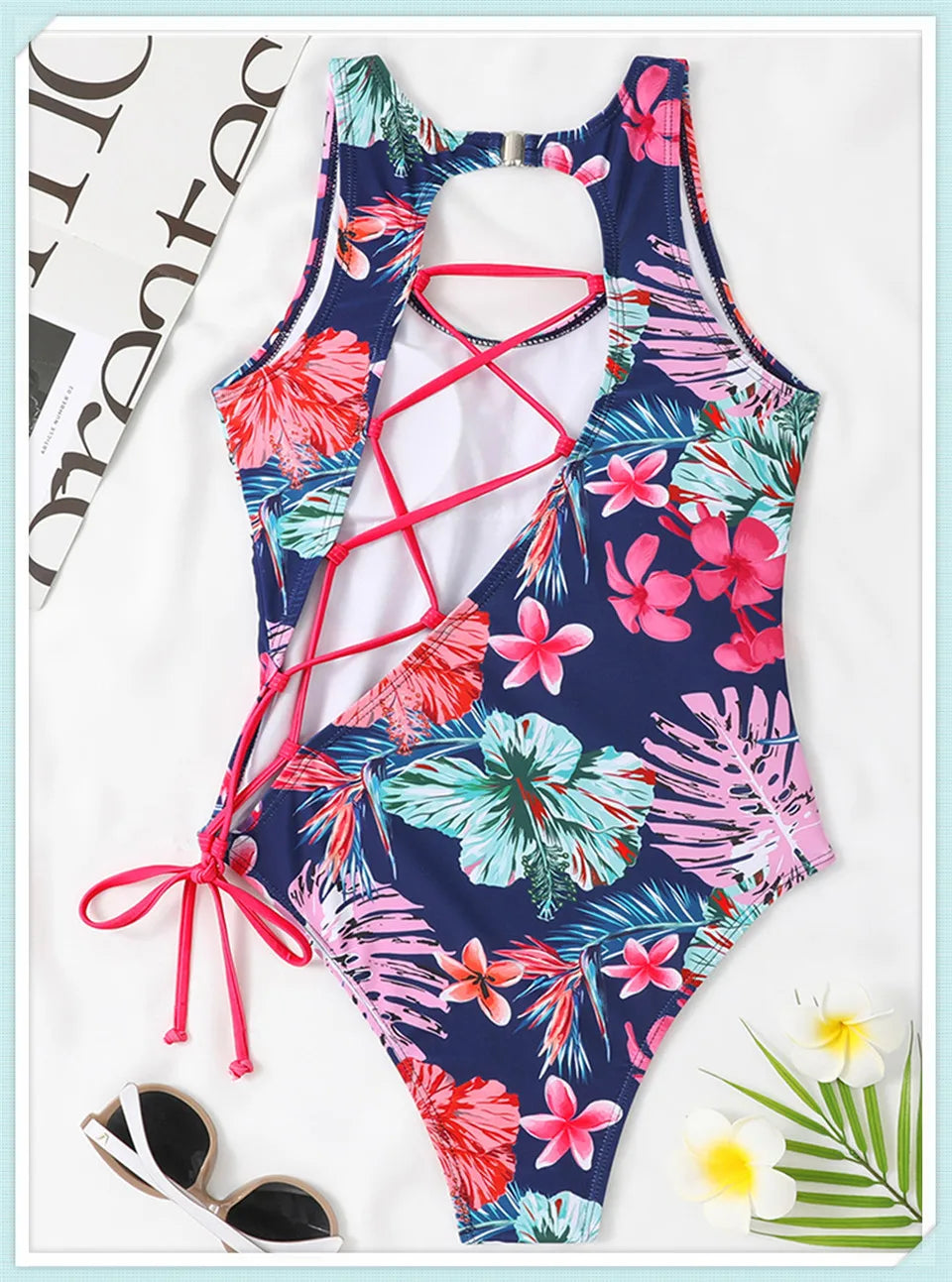 Lace Up Back Swimsuit One Piece Printed Swimwear Women Backless Bathing Swimming Suit Female Padded Beachwear Bodysuit