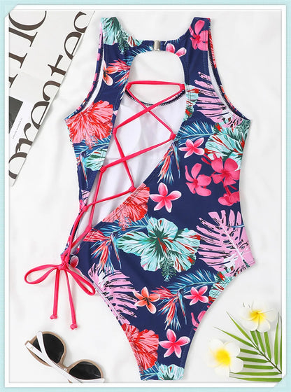 Lace Up Back Swimsuit One Piece Printed Swimwear Women Backless Bathing Swimming Suit Female Padded Beachwear Bodysuit