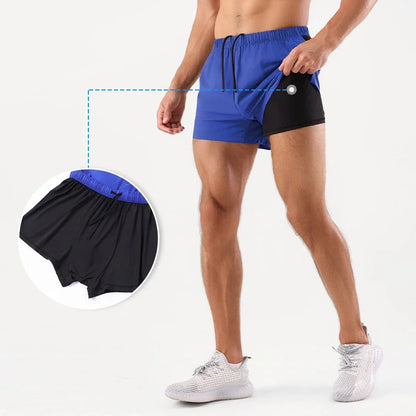 Running Shorts Men Double Deck Sports Shorts with Pockets Fitness Gym Wear Men's Workout Basketball Training Jogging Short Pants