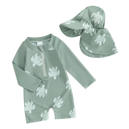 Baby Boy Swimming Suit Baby Swimsuit 3 6 12 18 24M 2T 3T Infant Toddler Boys Swimwear Zipper Long Sleeve Rash Guard with Hat