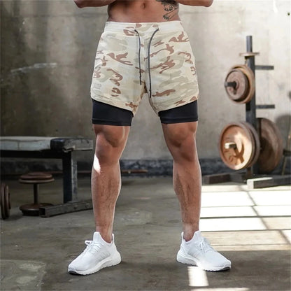 Camouflage running shorts for men's gym sports shorts 2-in-1 quick drying exercise training gym fitness jogging shorts for summer