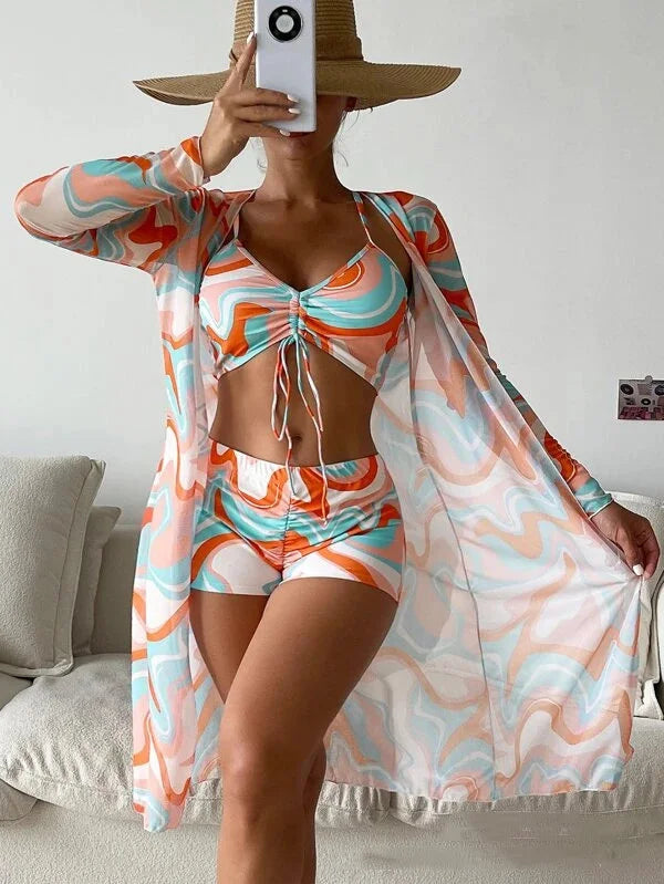 Summer Print Bikinis Swimwear Female Swimsuit Beachwear Push Up Three-Piece Bikini Set Women Swimming Bathing Suit