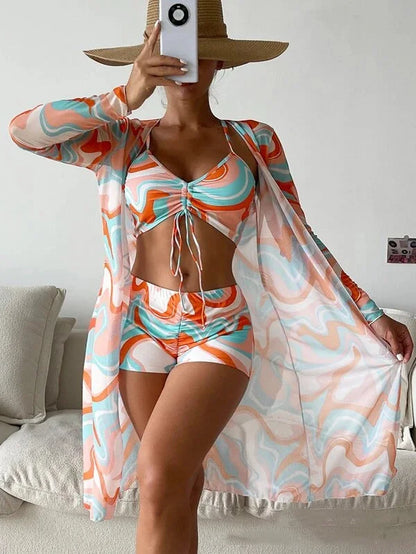 Summer Print Bikinis Swimwear Female Swimsuit Beachwear Push Up Three-Piece Bikini Set Women Swimming Bathing Suit